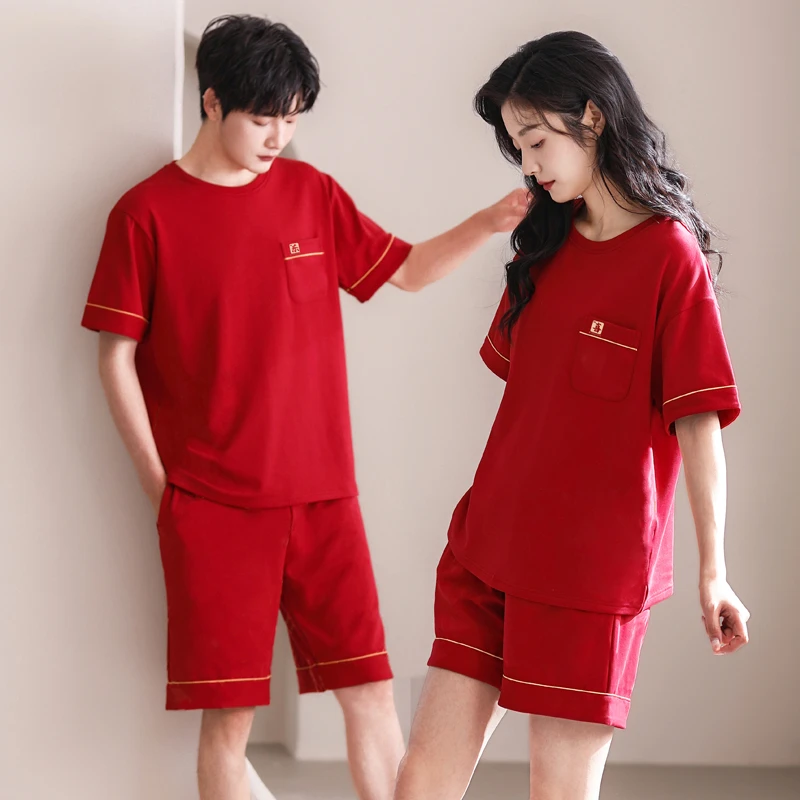 100%纯棉舒适情侣睡衣夏季清凉休闲短袖短裤大红喜庆男女两件套
