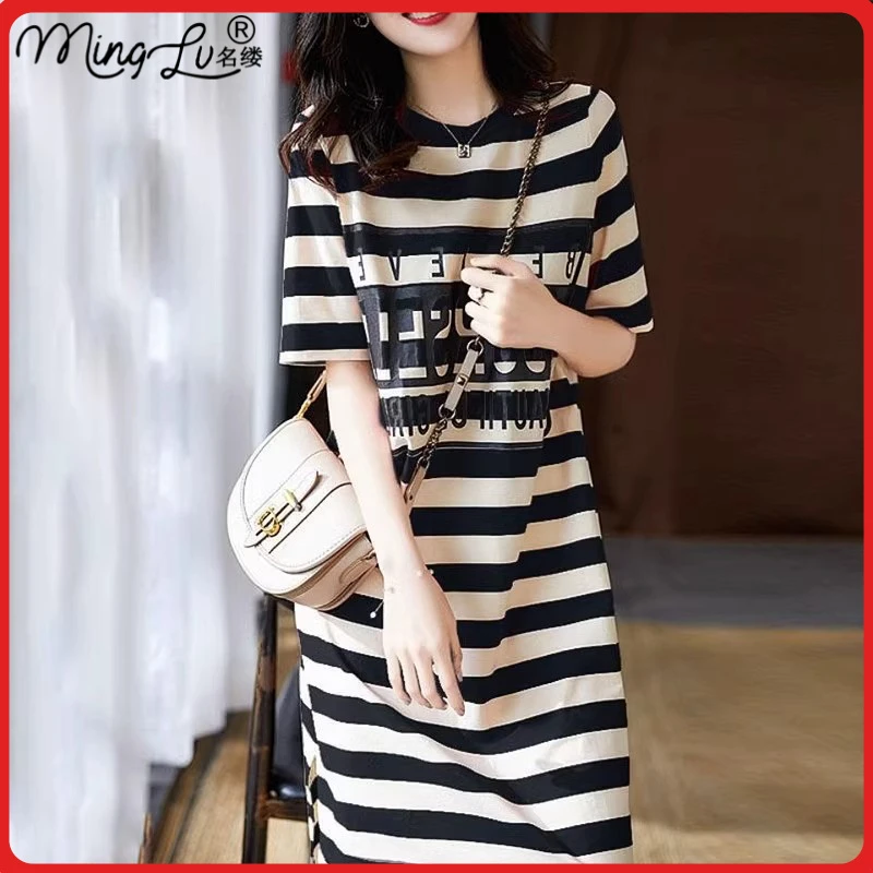 时尚甜美法式连衣裙女2025年夏季新款韩版条纹短袖休闲T恤长裙子