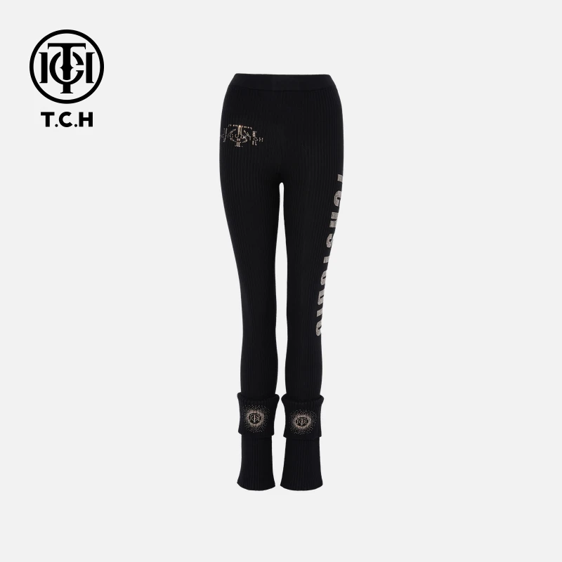 TCH烫钻工艺新款修身针织长裤子打底裤女T75C23E5001轻奢tch