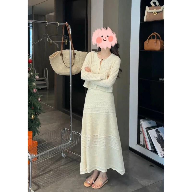 法式显瘦温柔风时尚镂空钩花针织长袖开衫半身裙套装