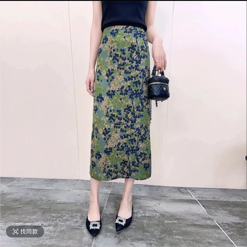 半身裙女法式高级感花色后开叉2025年夏季新款中长A字裙修身显瘦