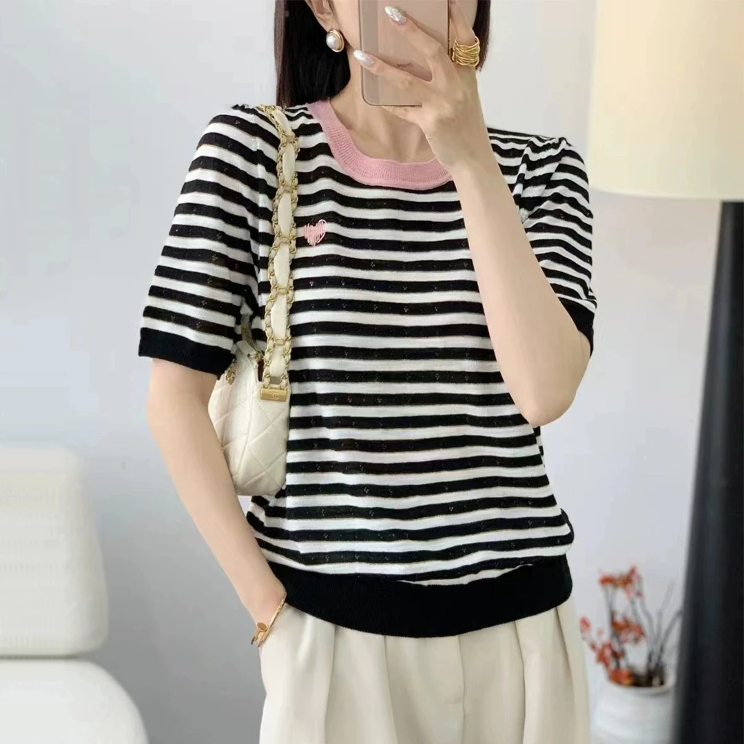 【思思精选】2025夏季时尚设计款圆领拼色条纹气质针织衫A286#