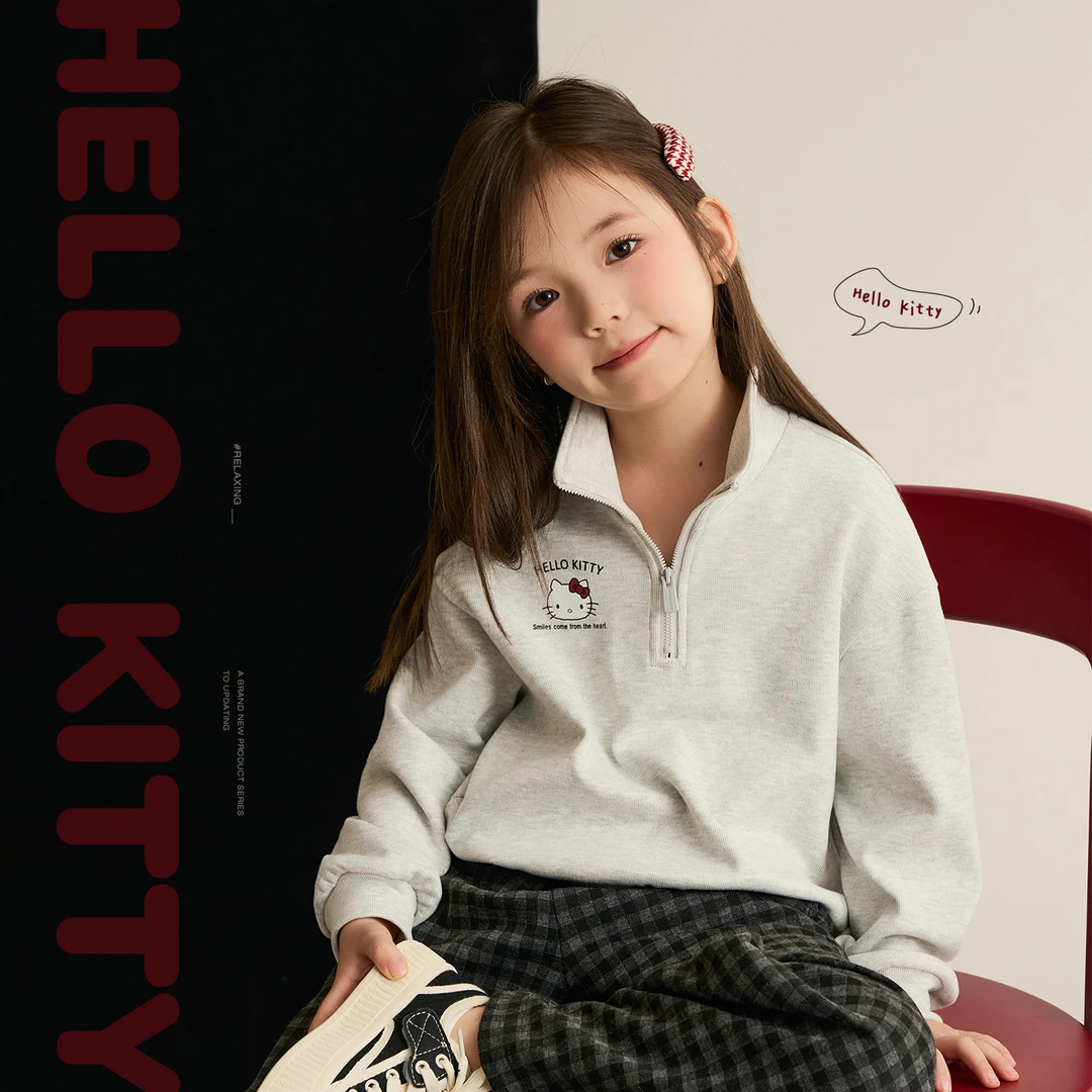 辰辰妈【一只猫】女童翻领卫衣2025秋季HelloKitty半拉链上衣8739XH