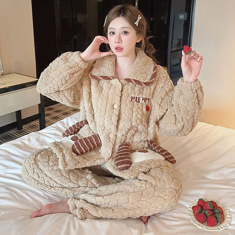 秋冬季睡衣女珊瑚绒加厚保暖束脚宽松甜美卡通ins风胖mm家居服套