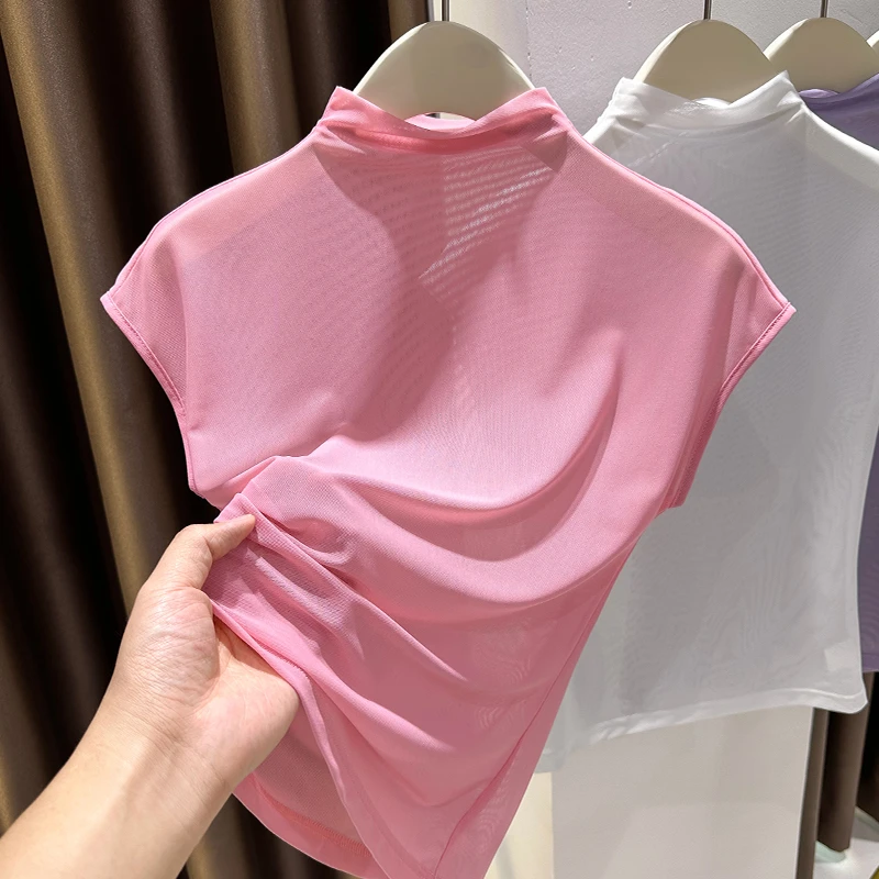 简约百搭高级感无袖半高领T恤2025新款秋季修身内搭套头短上衣