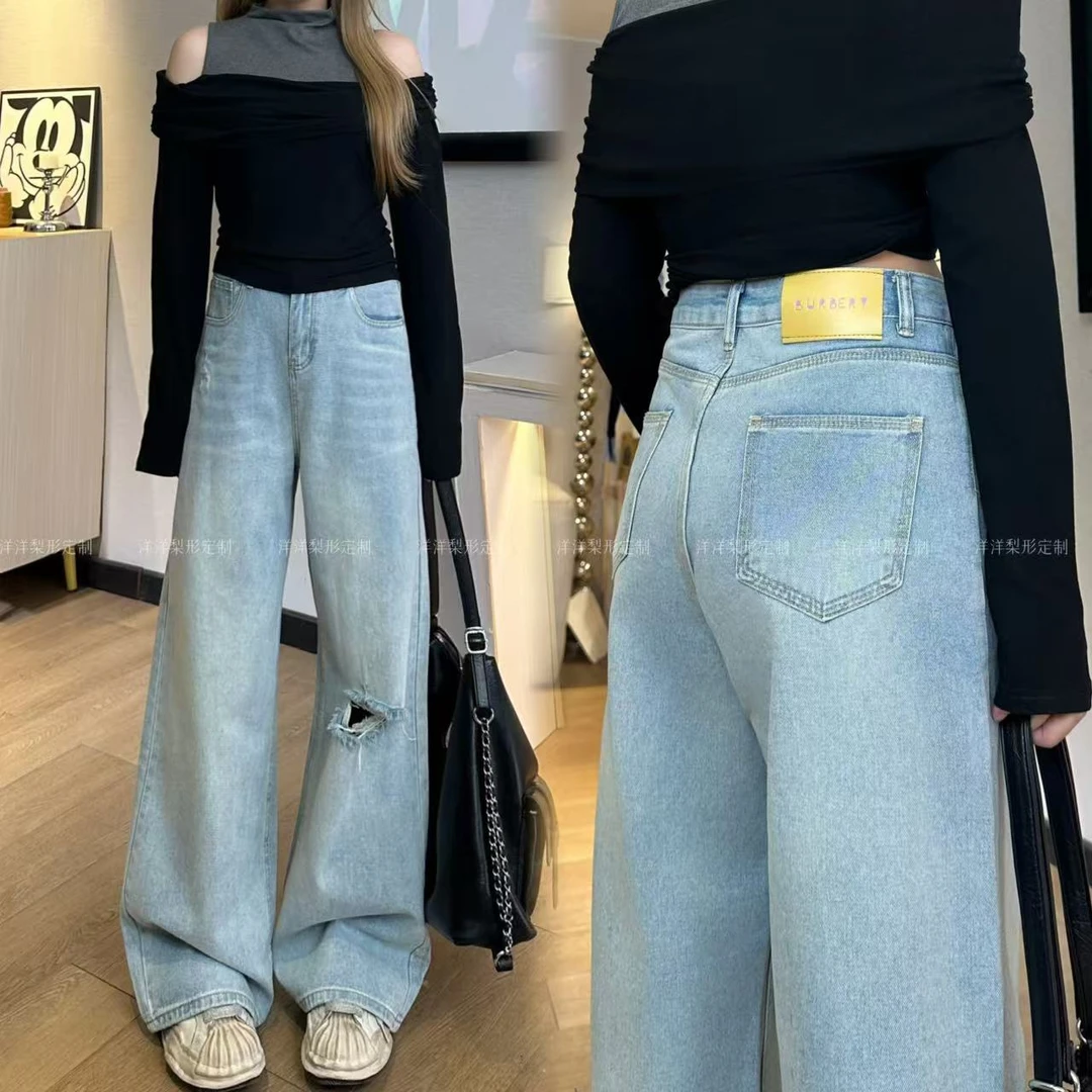 6666#浅色破洞阔腿牛仔裤女春新款设计感直筒宽松显瘦拖地裤