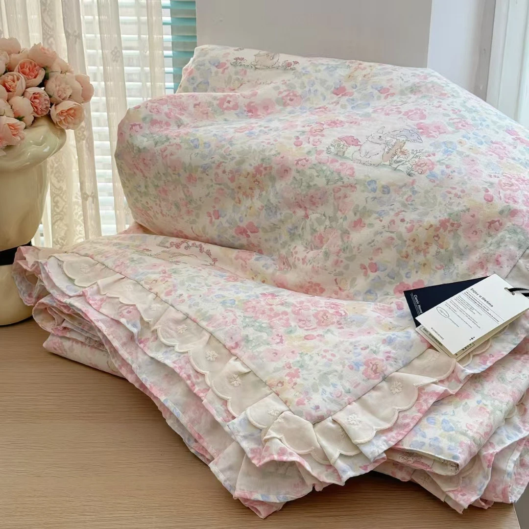 夏凉被a类全棉双层纱法式花边空调夏被可机洗水洗