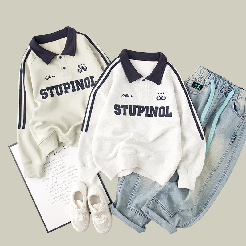 吴小越w936男童春装翻领套头印花卫衣长袖中大童儿童打底衫