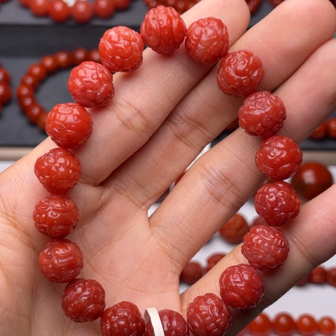 南红玛瑙未镶嵌手串H12mm收藏保山锦红貔貅手串