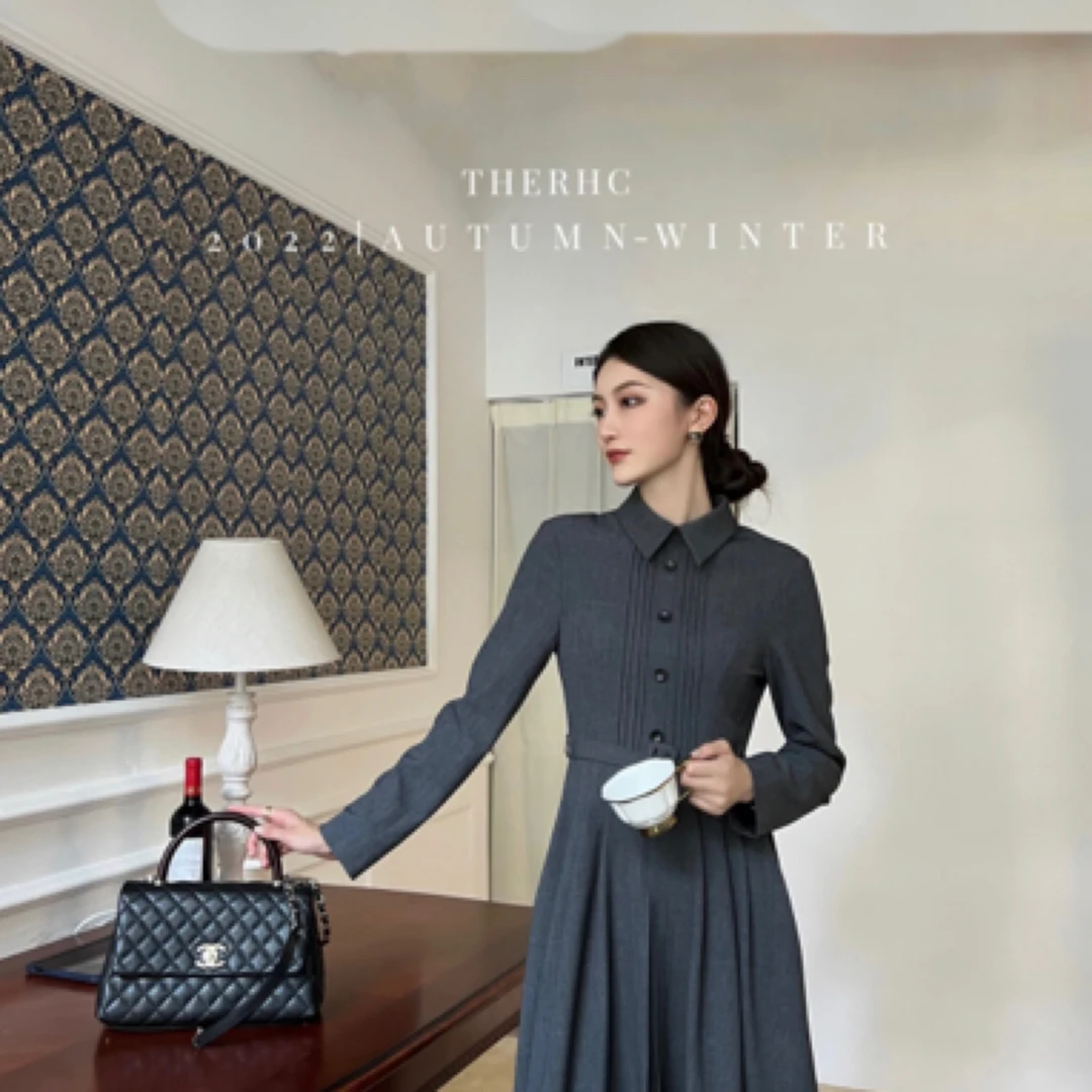 THERHC自制英伦复古衬衫裙收腰气质长裙法式时尚裙子秋季长袖腰带
