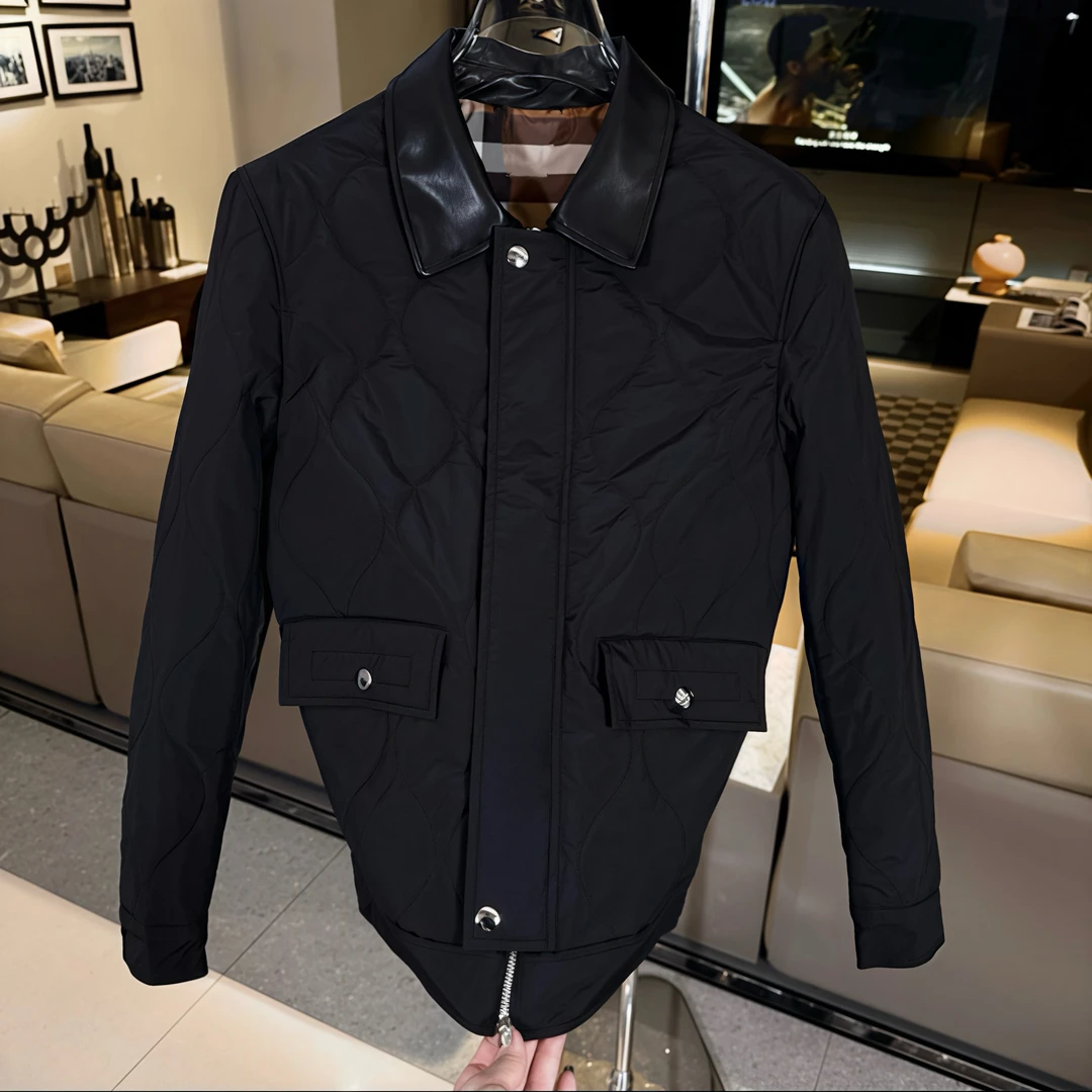 2025秋冬新款男士百搭修身轻奢棉服棉夹克拼接翻领拉链黑色高级感