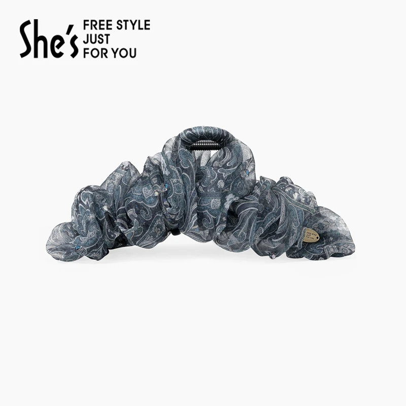 shes轻简复古花纹桑蚕丝抓夹女高级感显发量鲨鱼夹发抓发饰