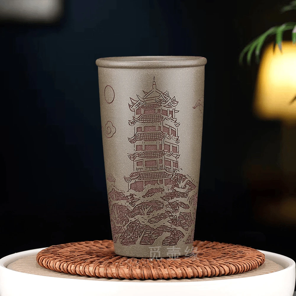 宜兴原矿蟹壳清高端紫砂茶杯全手工刻绘黄鹤楼闻香杯可乐杯260cc