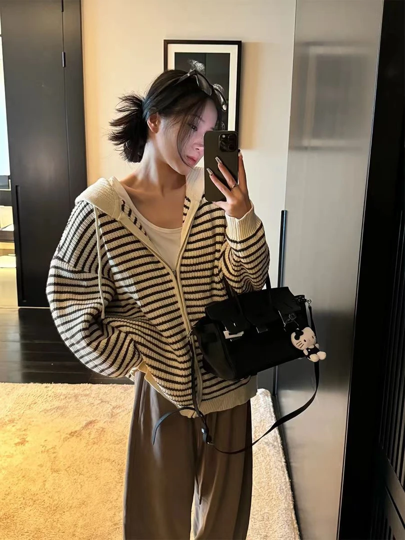 【叶落知秋】条纹撞色连帽宽松韩版毛针织衫慵懒风女条纹针织衫秋季