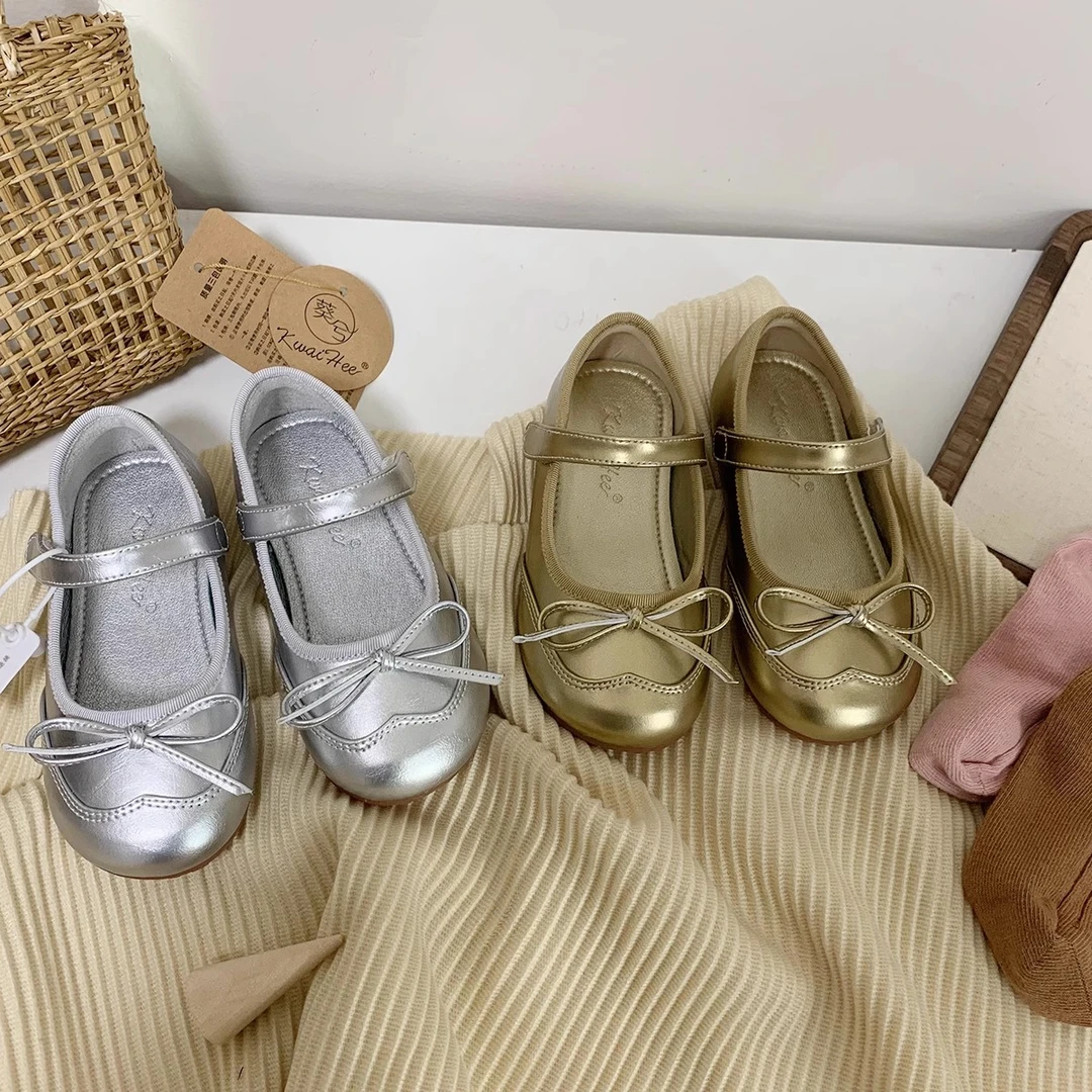 K25094韩版儿童皮鞋2025春秋女童浅口银色蝴蝶结公主鞋宝宝童鞋