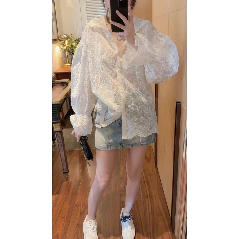 【张静芝】全刺绣连帽长袖衬衫