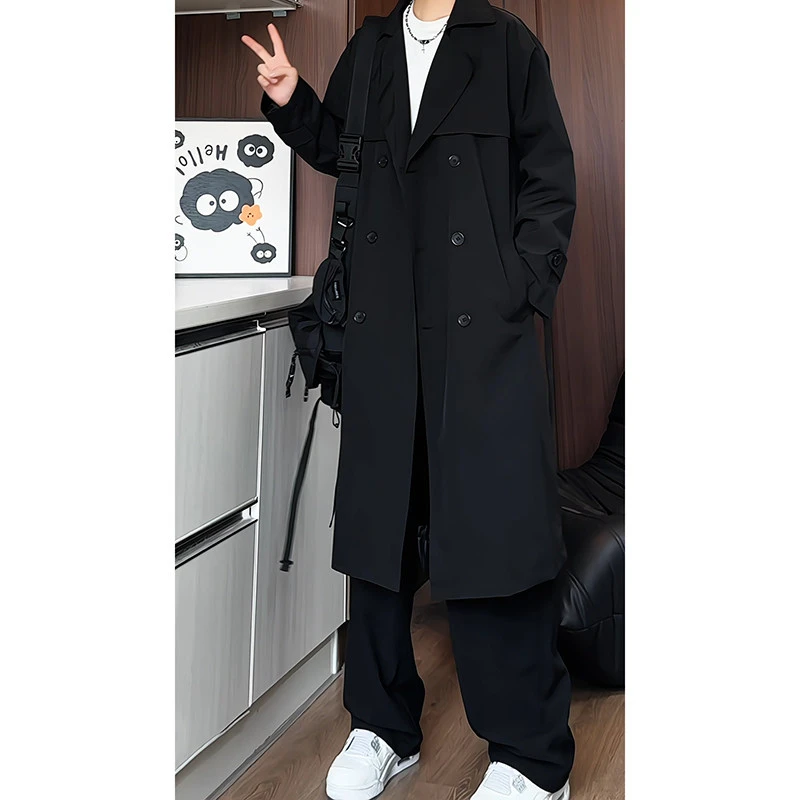 韩系学院风米色风衣男秋季中长款双排扣过膝大衣大码休闲情侣外套