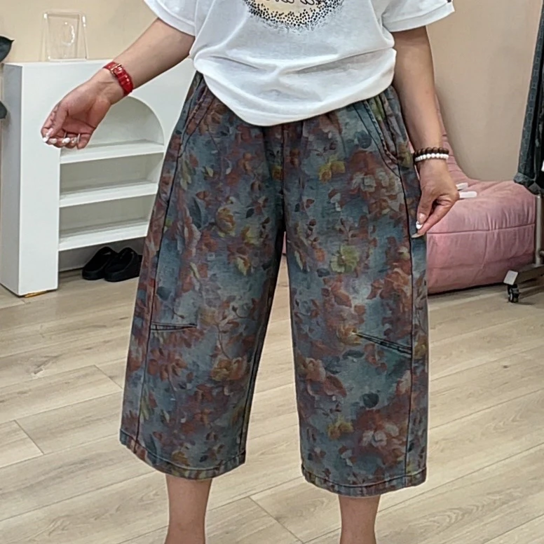 715复古花色松紧腰休闲七分牛仔裤女