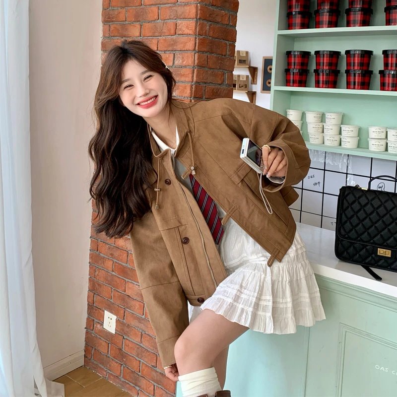复古美拉德夹克外套女2025春秋新款小众流行韩系氛围感立领短开衫