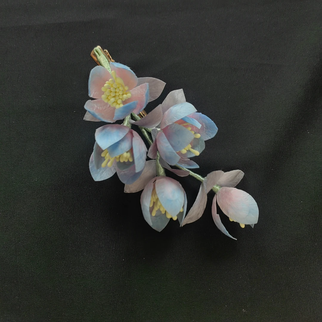 【粉蓝色玉兰花】南京非遗绒花纯手工制作玉兰花边夹