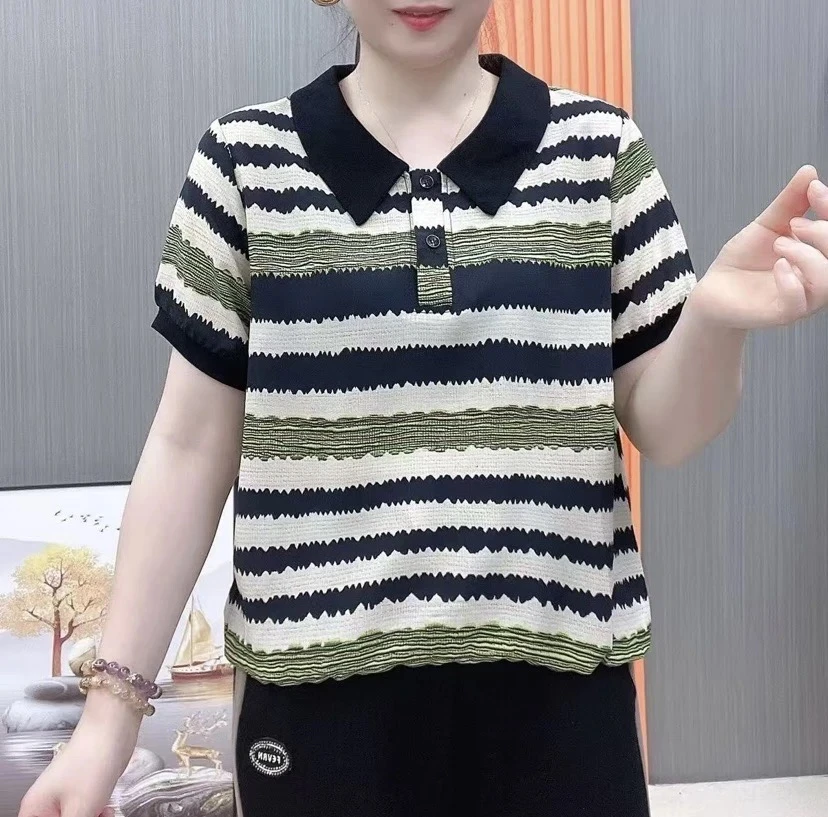 夏季时尚翻领条纹印花宽松透气中老年妈妈装短袖上衣