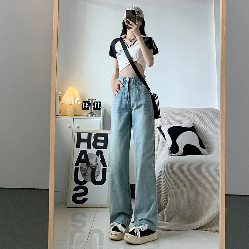 2025新款月光蓝设计感高腰显瘦牛仔阔腿裤