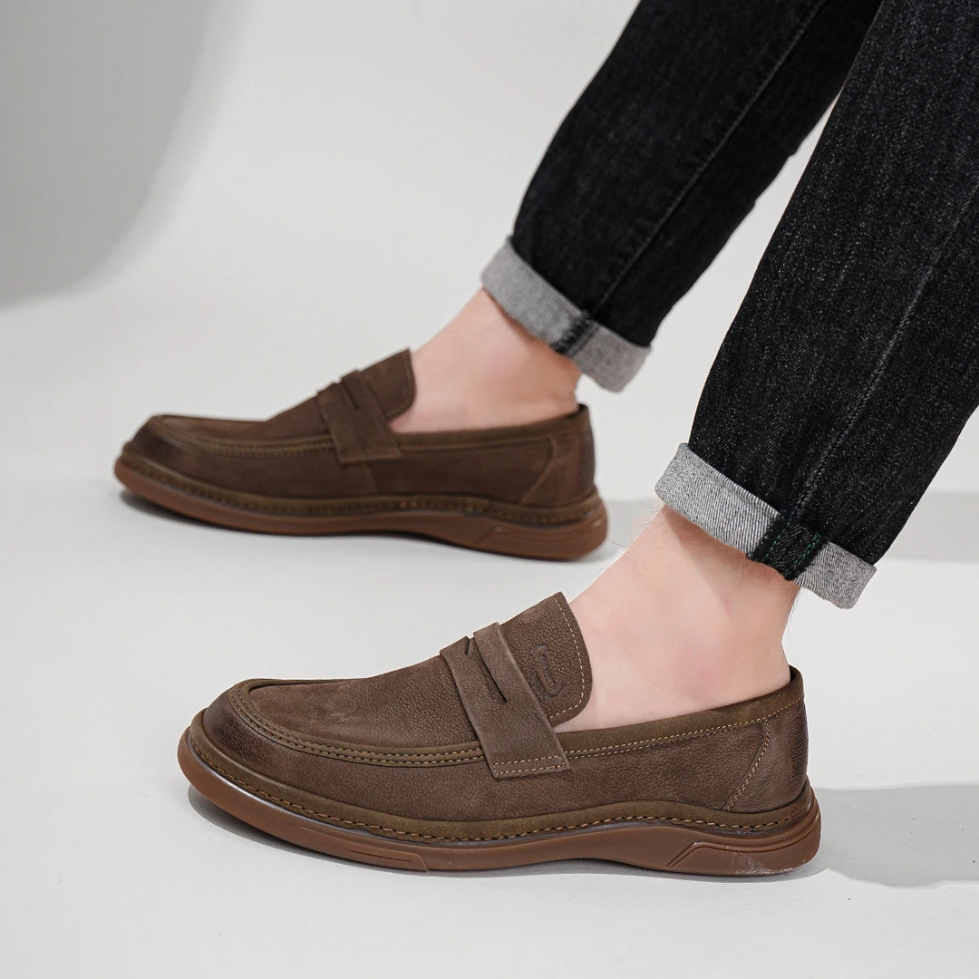 【鳄鱼恤】男士真皮休闲皮鞋一脚蹬厚底圆头豆豆鞋男款反绒皮乐福鞋