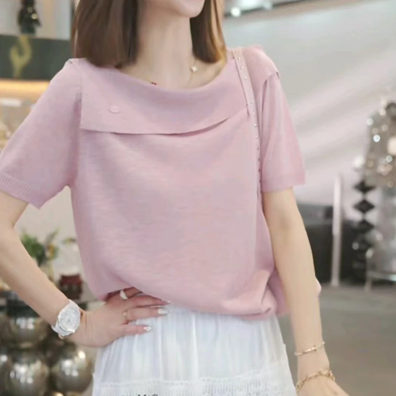 2025夏季新款时尚百搭一字领上衣毛衣女士休闲小个子气质短袖T恤