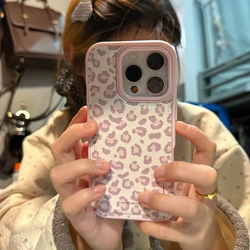 雅天立粉色豹纹少女心适用iPhone16promax苹果17鼓包手机壳14女15
