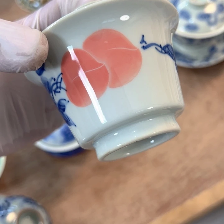 瓷片白青花釉里红桃子马蹄盖碗纯手工手绘