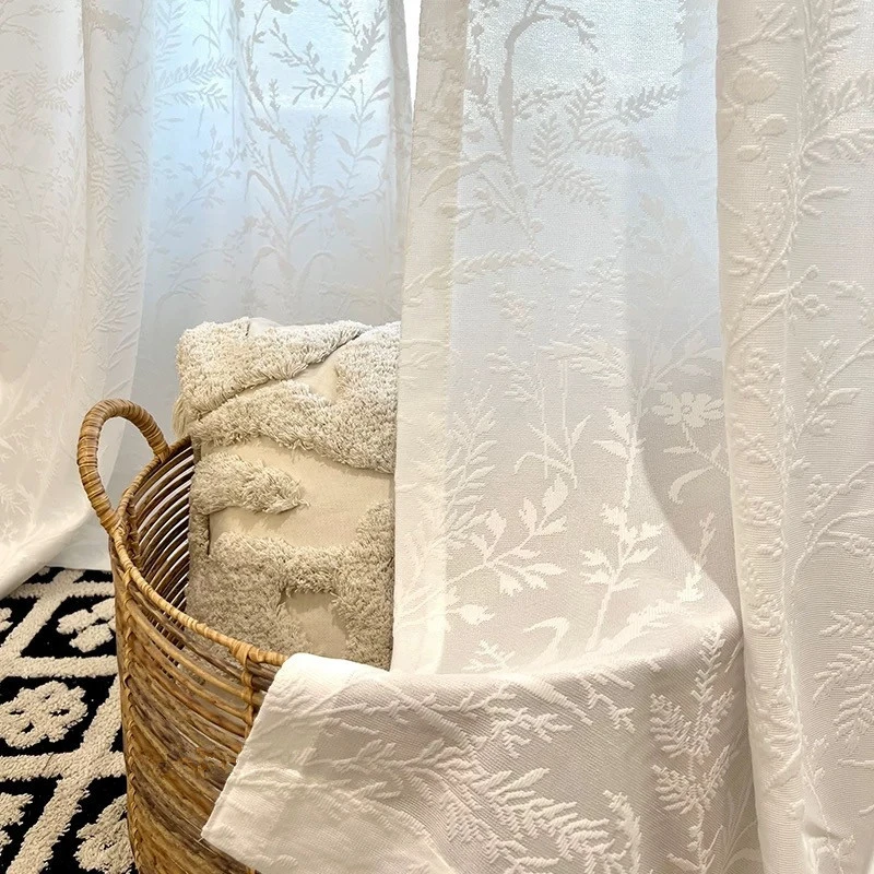 月之影镜面纱客厅阳台单挂法式奶油半布半纱叶影织语简约窗纱