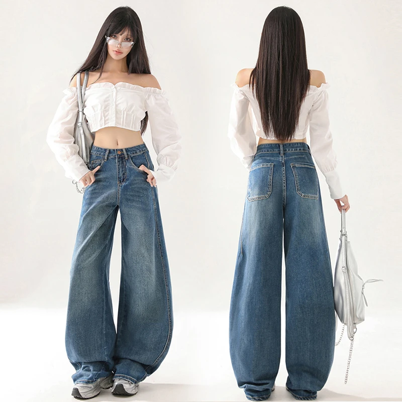 早秋新款阔腿个性弯刀裤款高腰百搭宽松遮肉牛仔裤女复古蓝镰刀裤