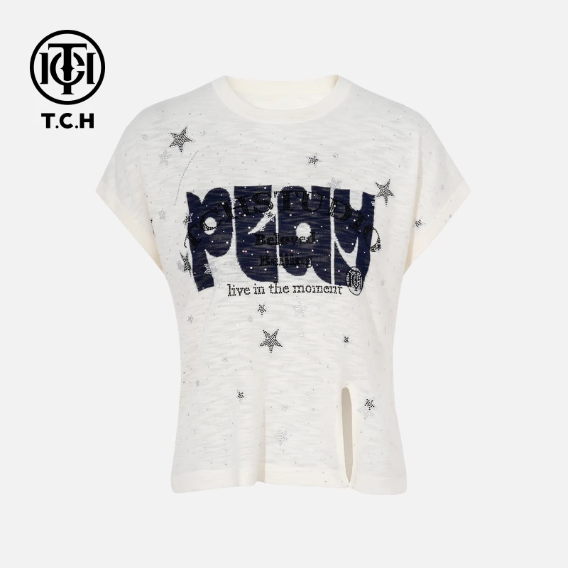 TCH烫钻工艺时尚休闲字母设计针织衫女T75B09E5085轻奢tch