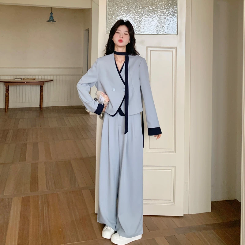 飘带西装套装裤女2025早春新款简约韩系穿搭松弛感显瘦百搭两件套