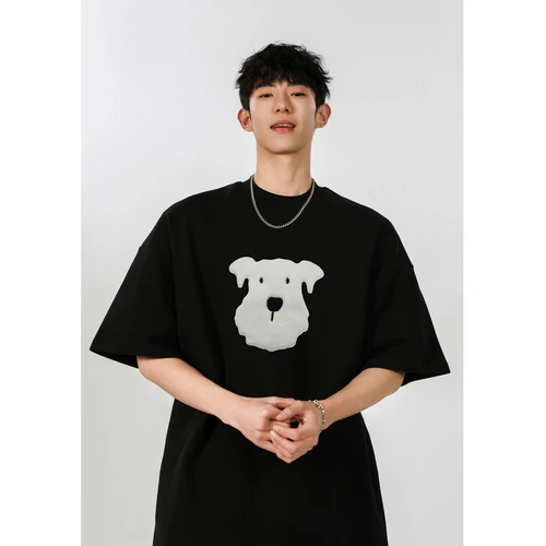 夏新款立体小狗毛绒宽松圆领短袖T恤青春流行中老年男