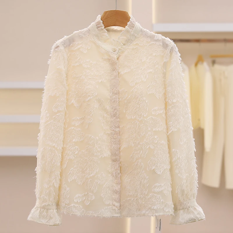 上身款【香】肌理感木耳边立领宽松雪纺衬衫#WYX58S011