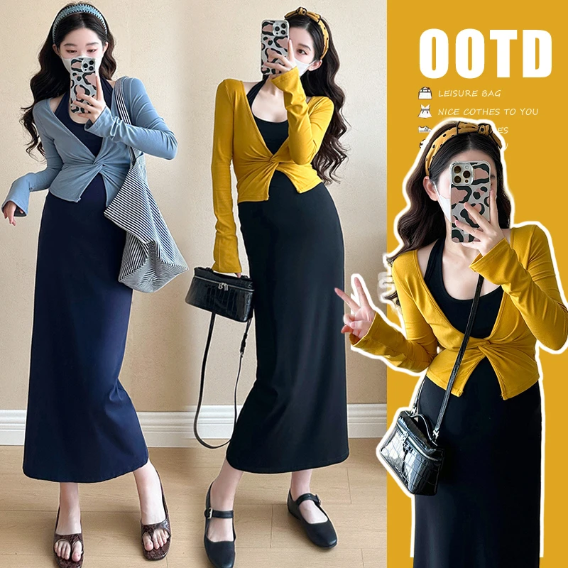 时尚气质孕妇春装套装2025新款早春外穿长袖开衫中长款显瘦吊带裙