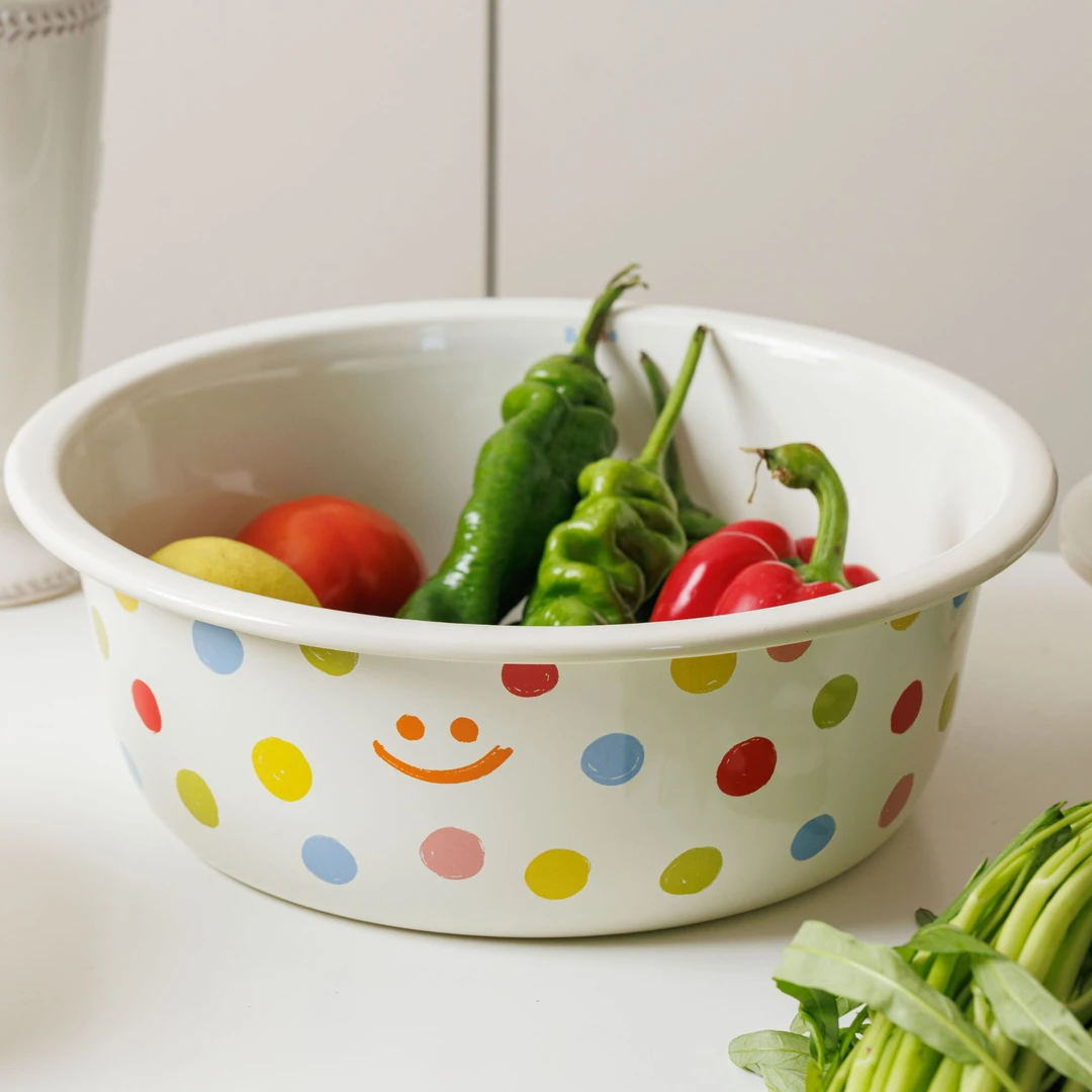 【设计师款】24cm 宽边 笑脸 珐琅搪瓷盆 洗菜盆 和面盆 带盖