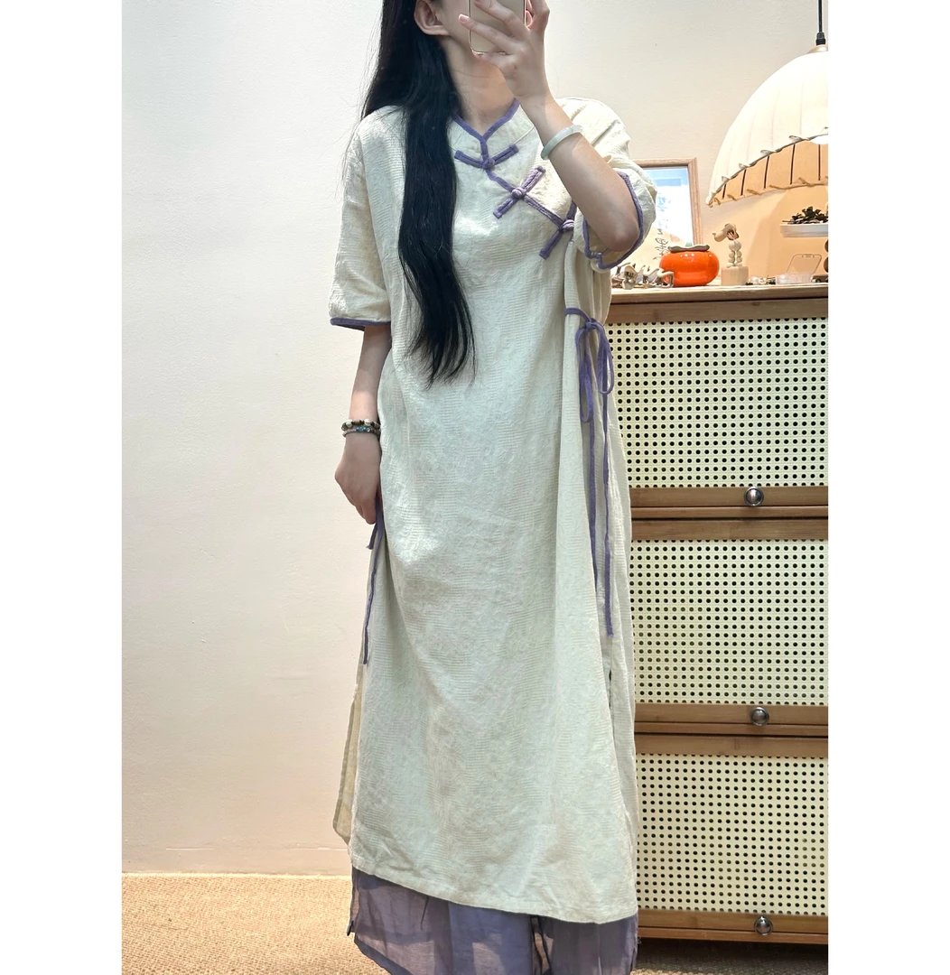 【云笙-月见山茶】夏季中国风新中式短袖腰绳棉麻连衣裙