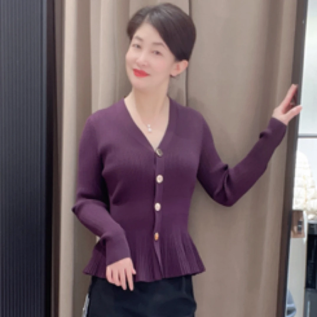 允硕气质女装开衫短款修身春季洋气毛针织衫V领显瘦