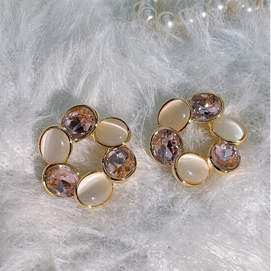 铜合金锆石耳饰 【雾粉蔷薇】法式小众彩色清新甜美气质名媛-875