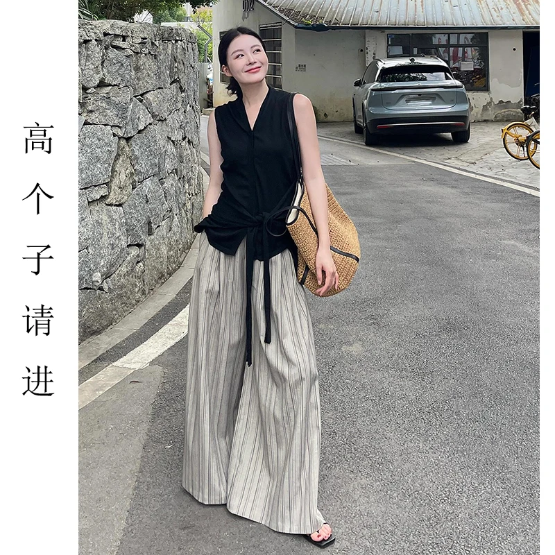 裤长112cm高个子加长老钱风条纹阔腿裤女2025新款宽松显瘦休闲裤