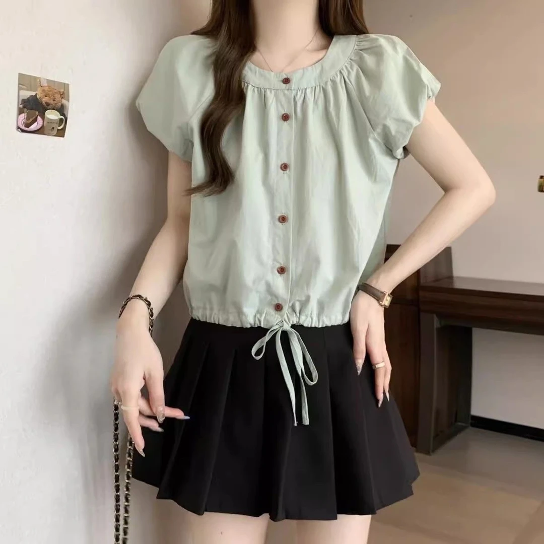 短袖衬衫娃娃衫修身型韩版小衫短款泡泡袖夏季小清新百搭衬衣