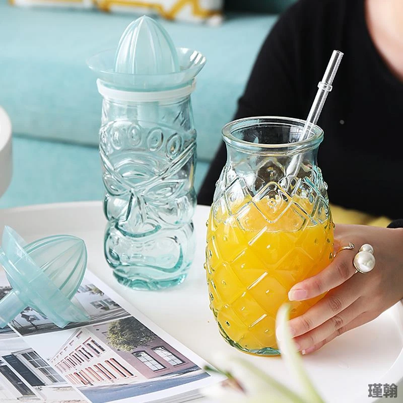 手工玻璃榨汁随手杯北欧透明加厚吸管杯手动榨汁果汁杯网红耐热