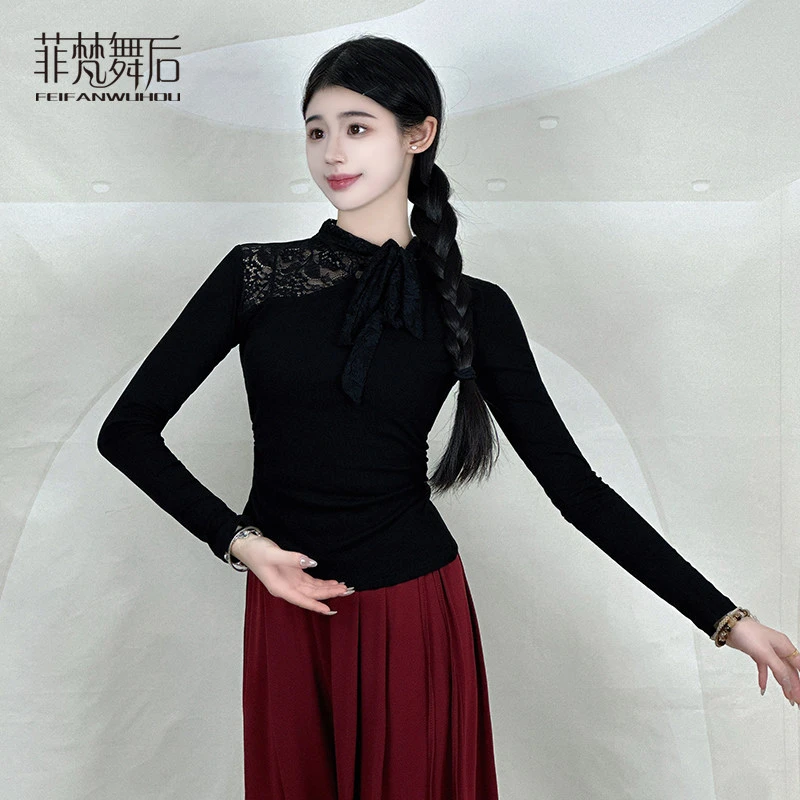 菲梵舞后新款蕾丝拼接舞蹈服上衣女现代古典舞练功服装形体服修身