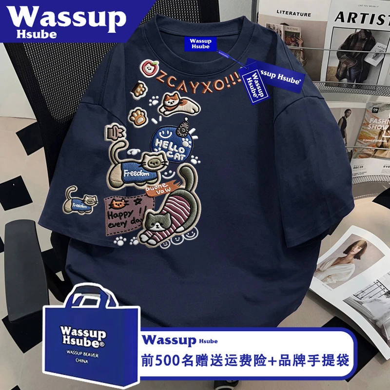 WASSUP HSUBE趣味潮牌款小猫印花T恤ins藏青色100%棉上衣男女短袖