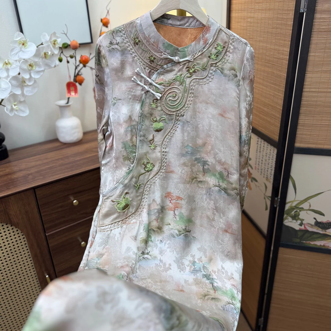 [青芜]斜襟立领提花新中式夏季连衣裙印花双层优雅绿色 035