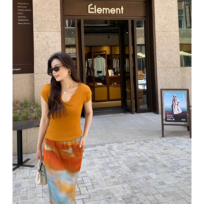 本希benxe 新款夏季冰丝短袖T+晕染半裙两件套套装