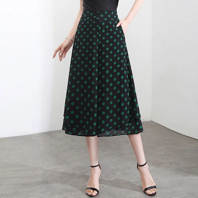 6670夏季七分雪纺裤裙中长款松紧高腰波点半身裤裙【带口袋】DH7-15