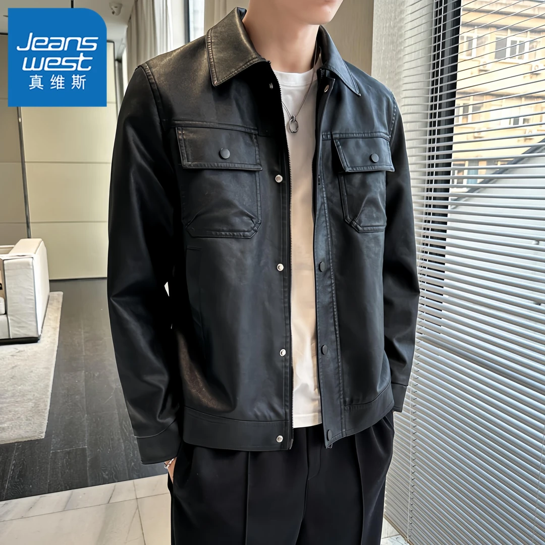 真维斯Jeanswest春秋季男士皮衣夹克韩版时尚宽松工装潮帅气外套